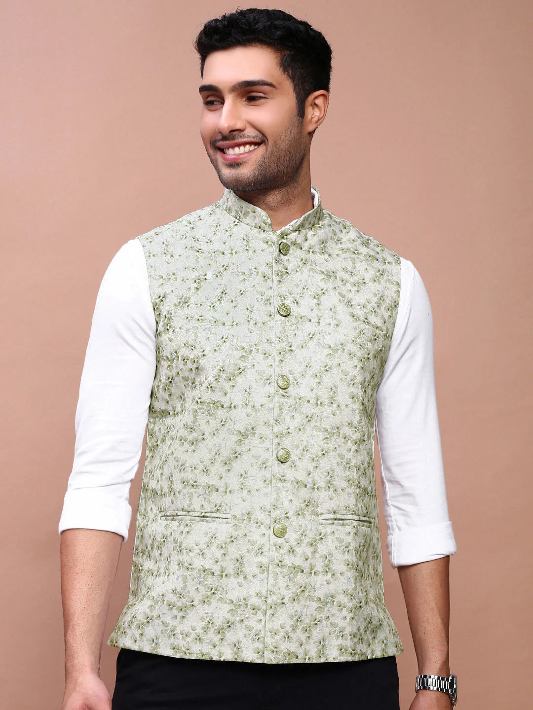 Green Printed Nehru Jacket - Slim Fit Cotton Mens Kurta Pajama
