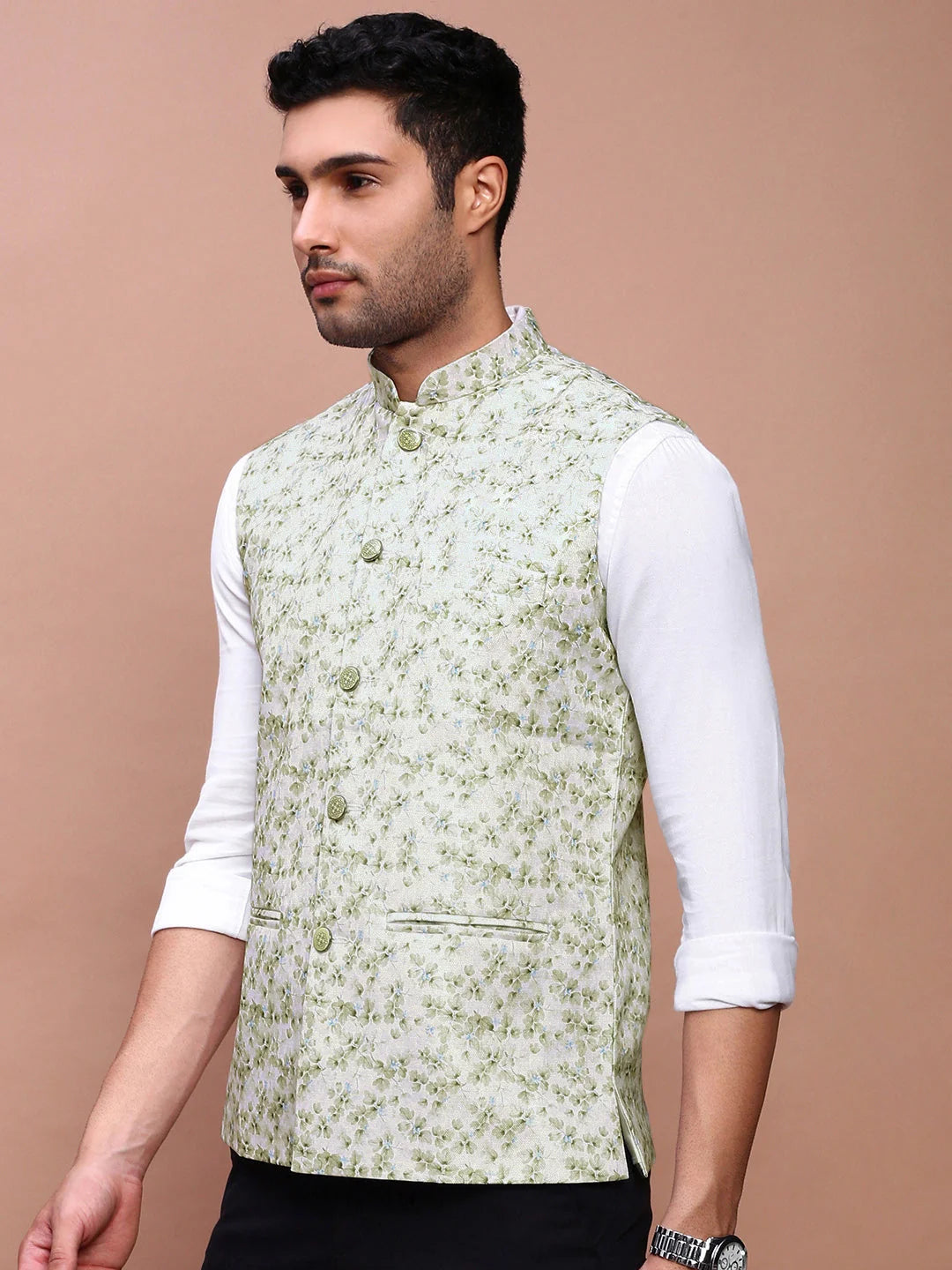 Green Printed Nehru Jacket - Slim Fit Cotton Mens Kurta Pajama
