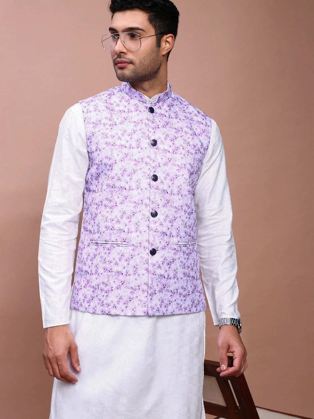 Lavender Nehru Jacket - Slim Fit Printed Mens Kurta Pajama