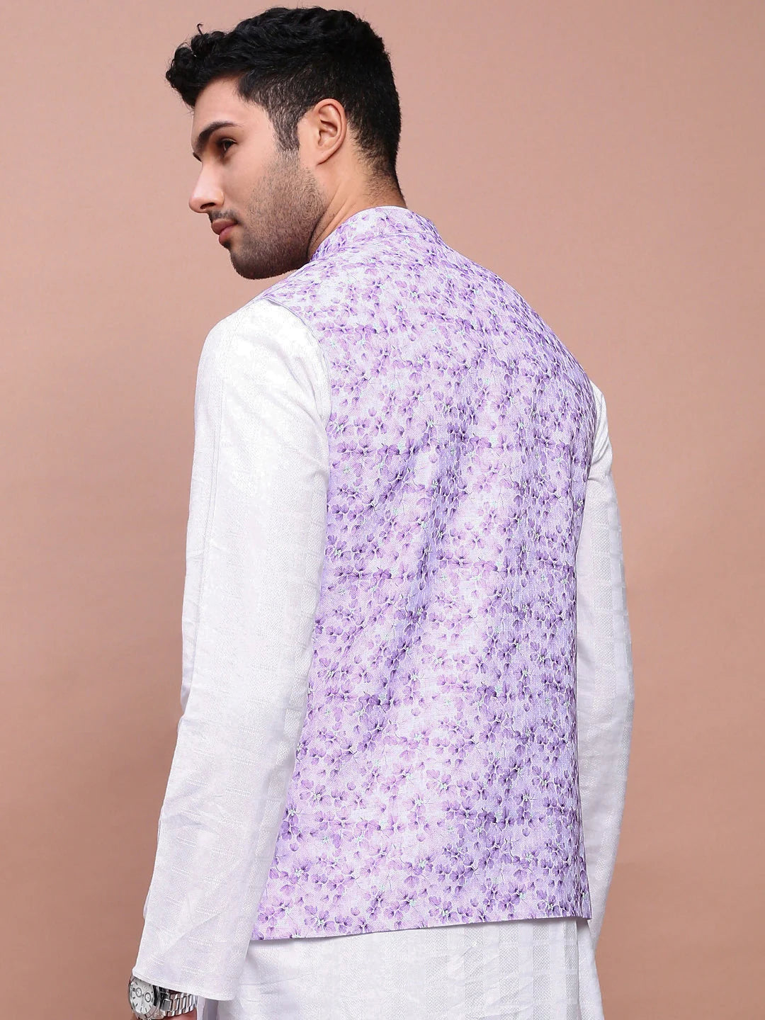 Lavender Nehru Jacket - Slim Fit Printed Mens Kurta Pajama