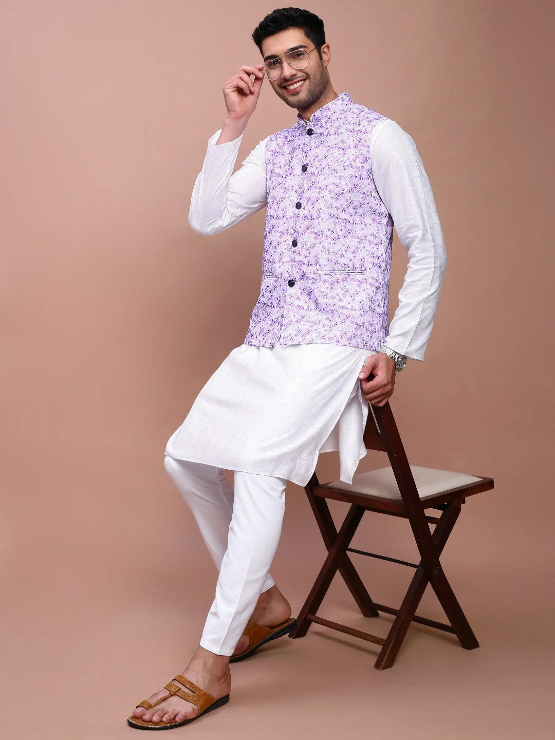 Lavender Nehru Jacket - Slim Fit Printed Mens Kurta Pajama