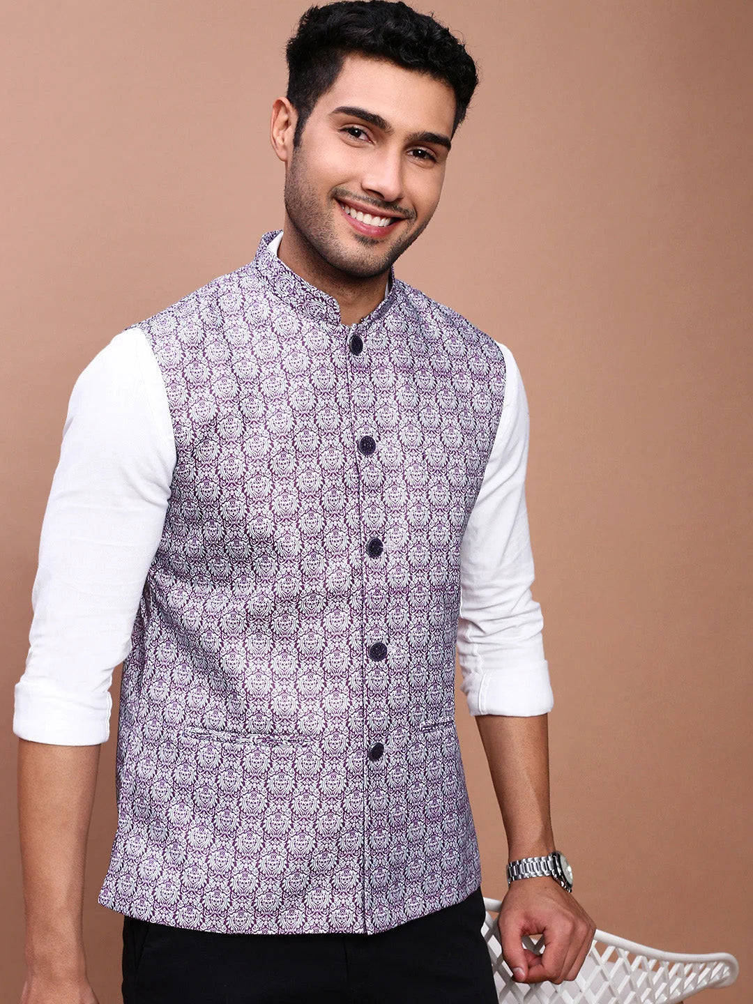 Printed Purple Nehru Jacket - Stylish Mens Kurta Pajama Set