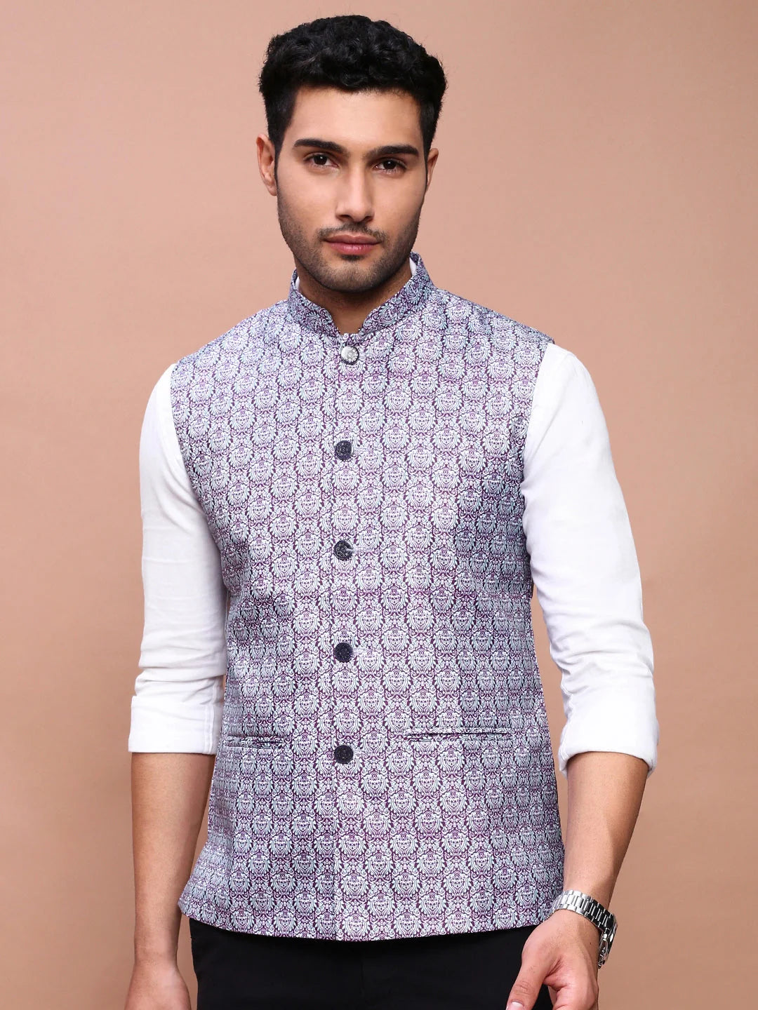 Printed Purple Nehru Jacket - Stylish Mens Kurta Pajama Set