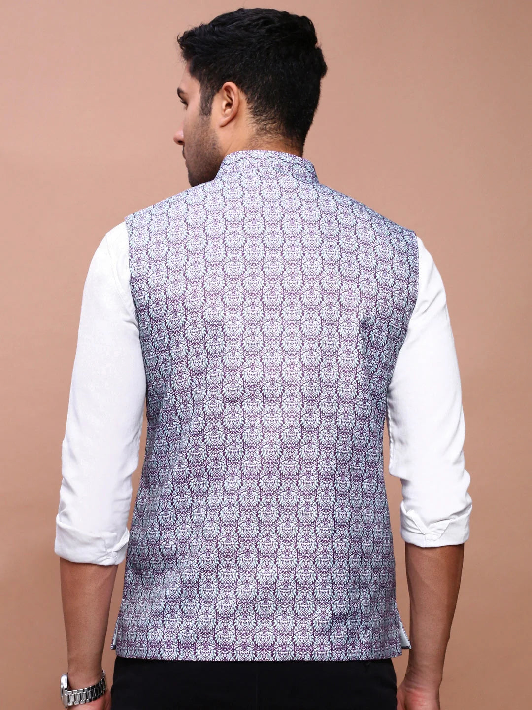 Printed Purple Nehru Jacket - Stylish Mens Kurta Pajama Set