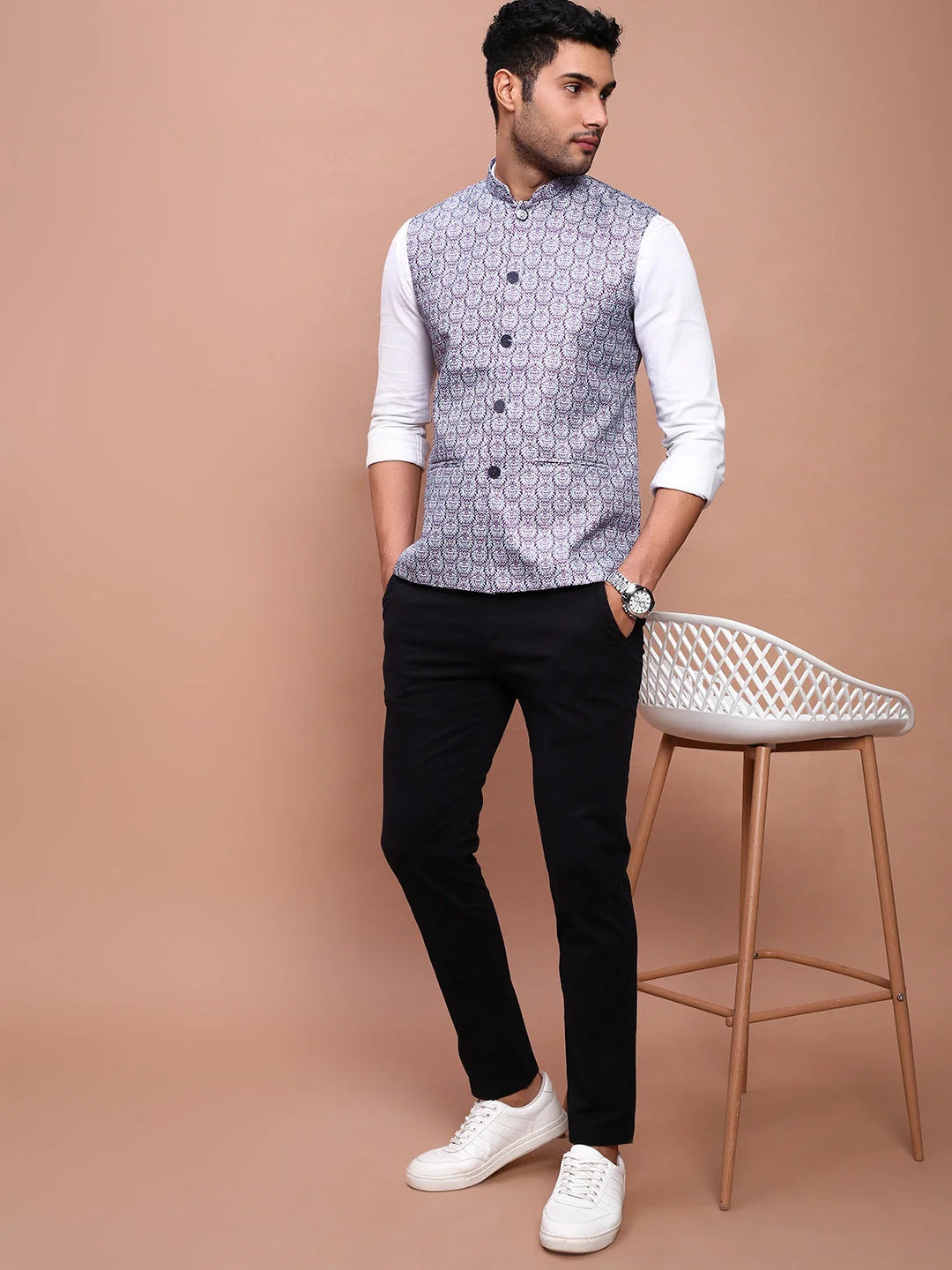 Printed Purple Nehru Jacket - Stylish Mens Kurta Pajama Set