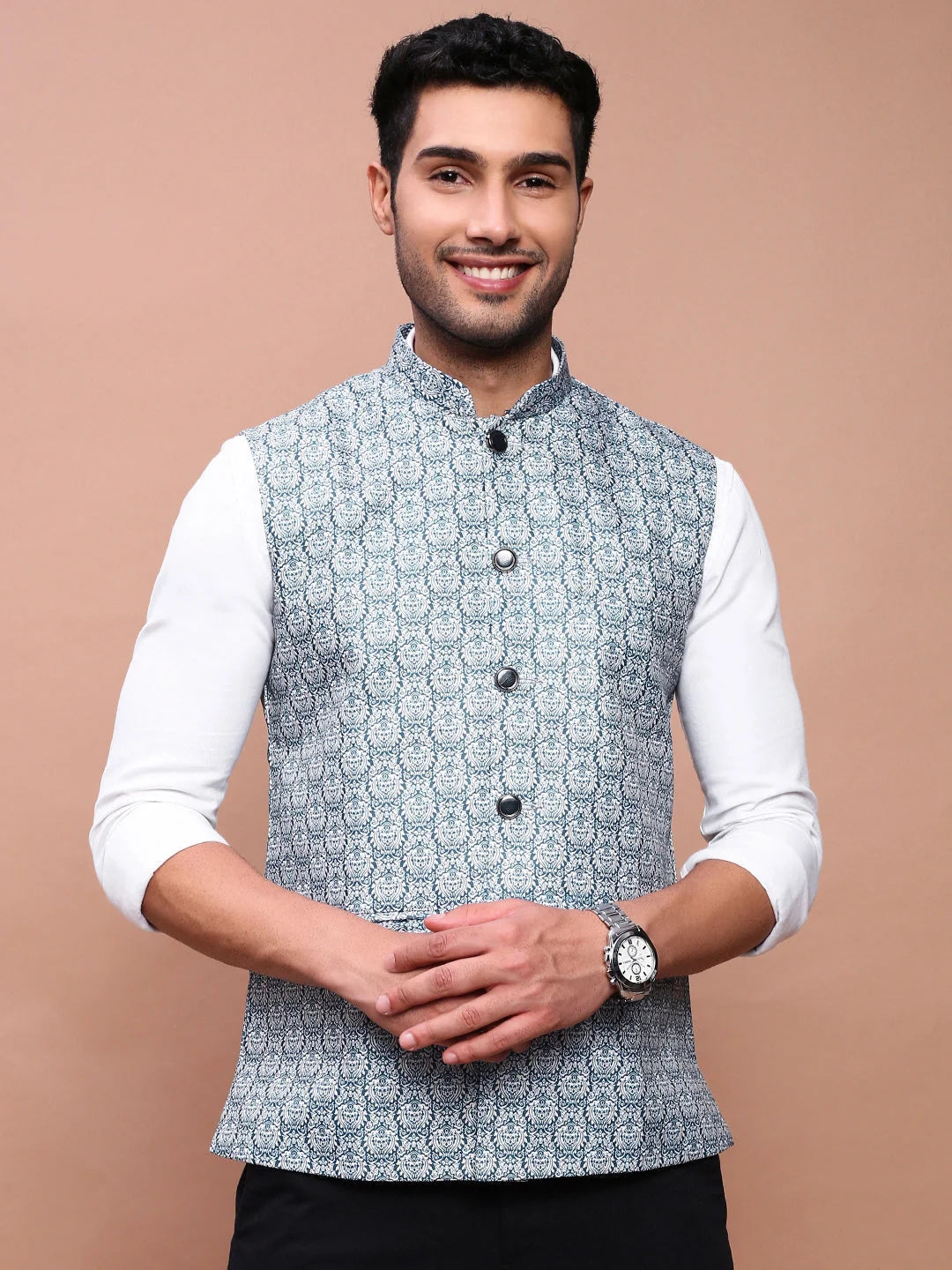 Teal Printed Nehru Jacket - Stylish Mens Kurta Pajama Look