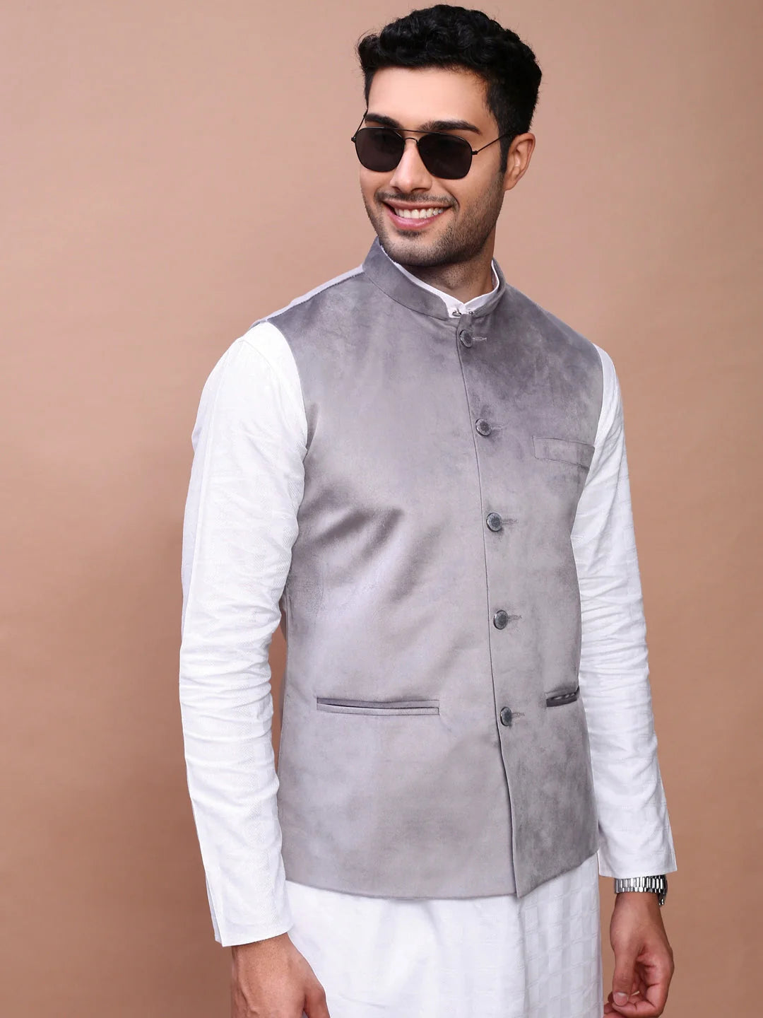 Grey Slim Fit Nehru Jacket | Mens Kurta Pajama Set - Showoff