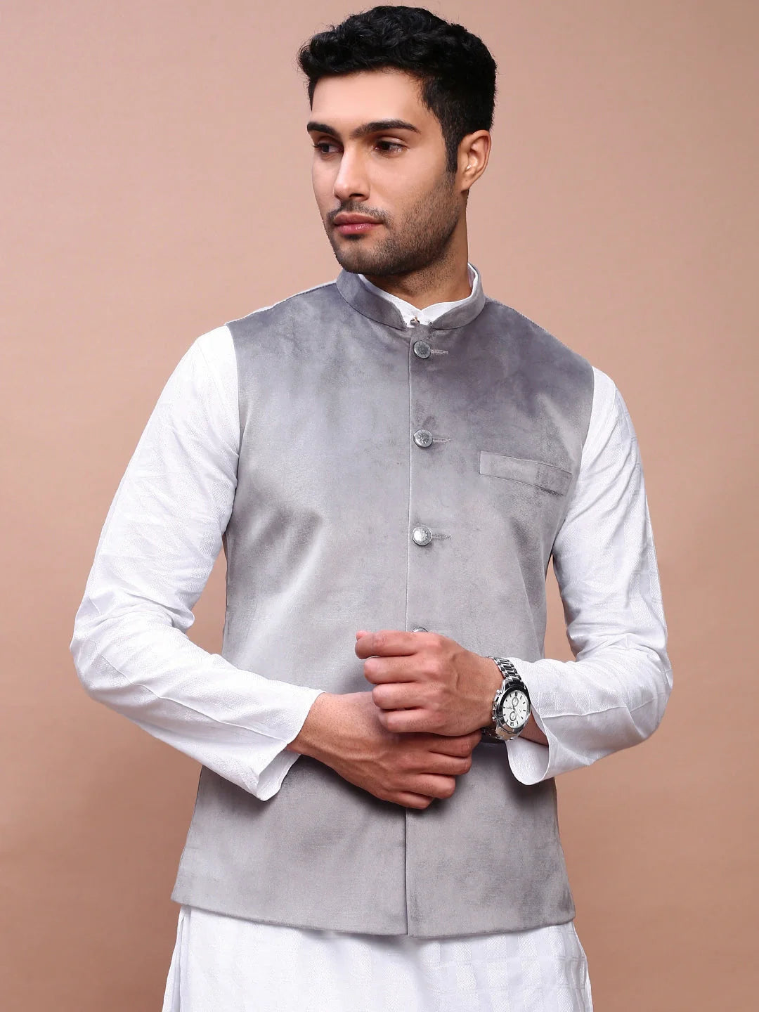 Grey Slim Fit Nehru Jacket | Mens Kurta Pajama Set - Showoff