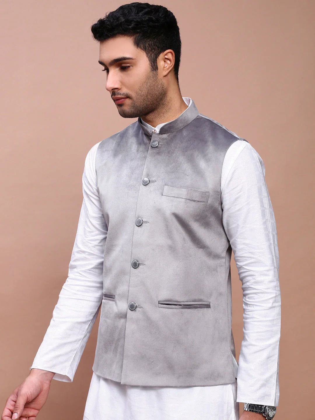 Grey Slim Fit Nehru Jacket | Mens Kurta Pajama Set - Showoff
