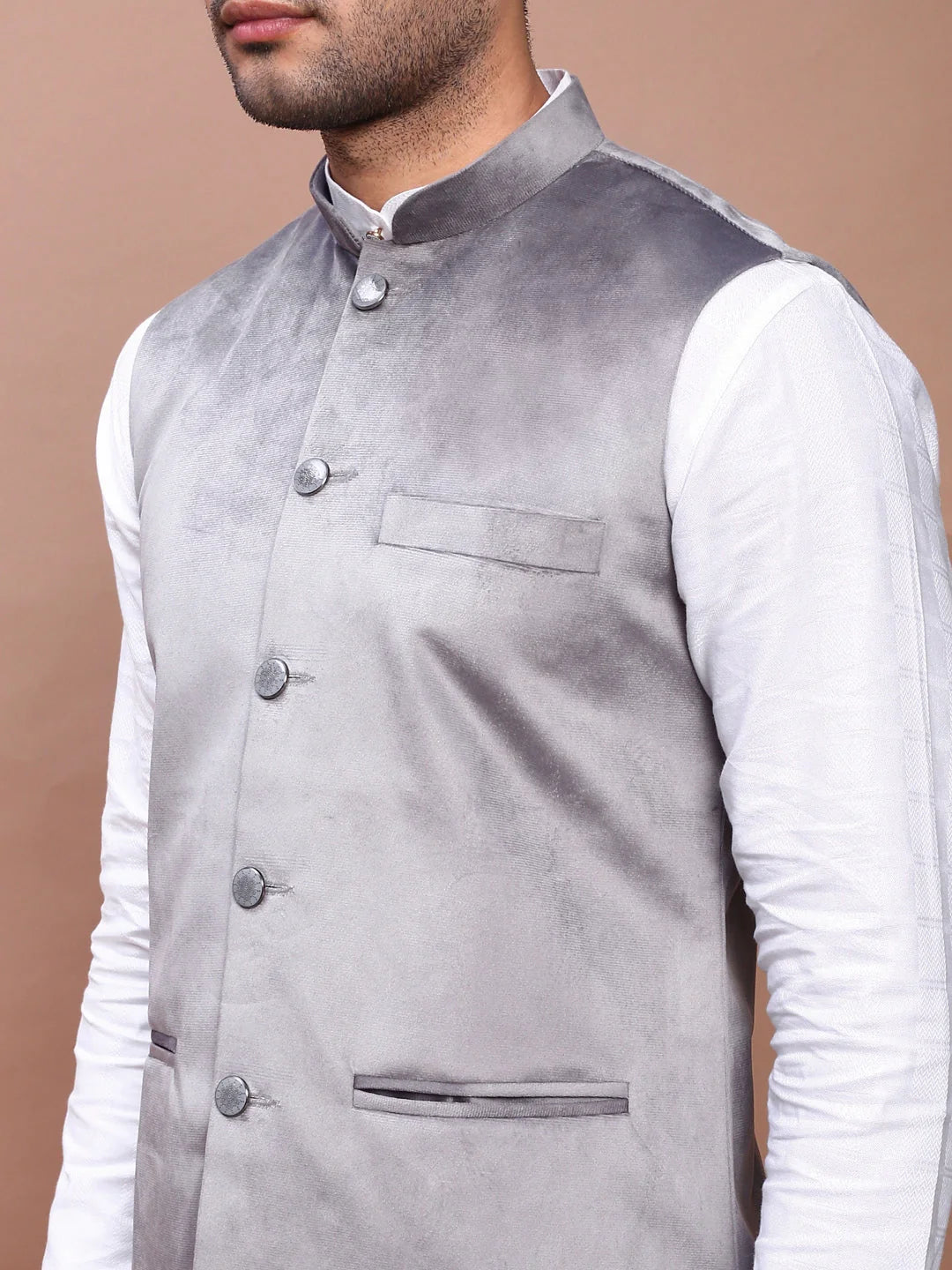 Grey Slim Fit Nehru Jacket | Mens Kurta Pajama Set - Showoff