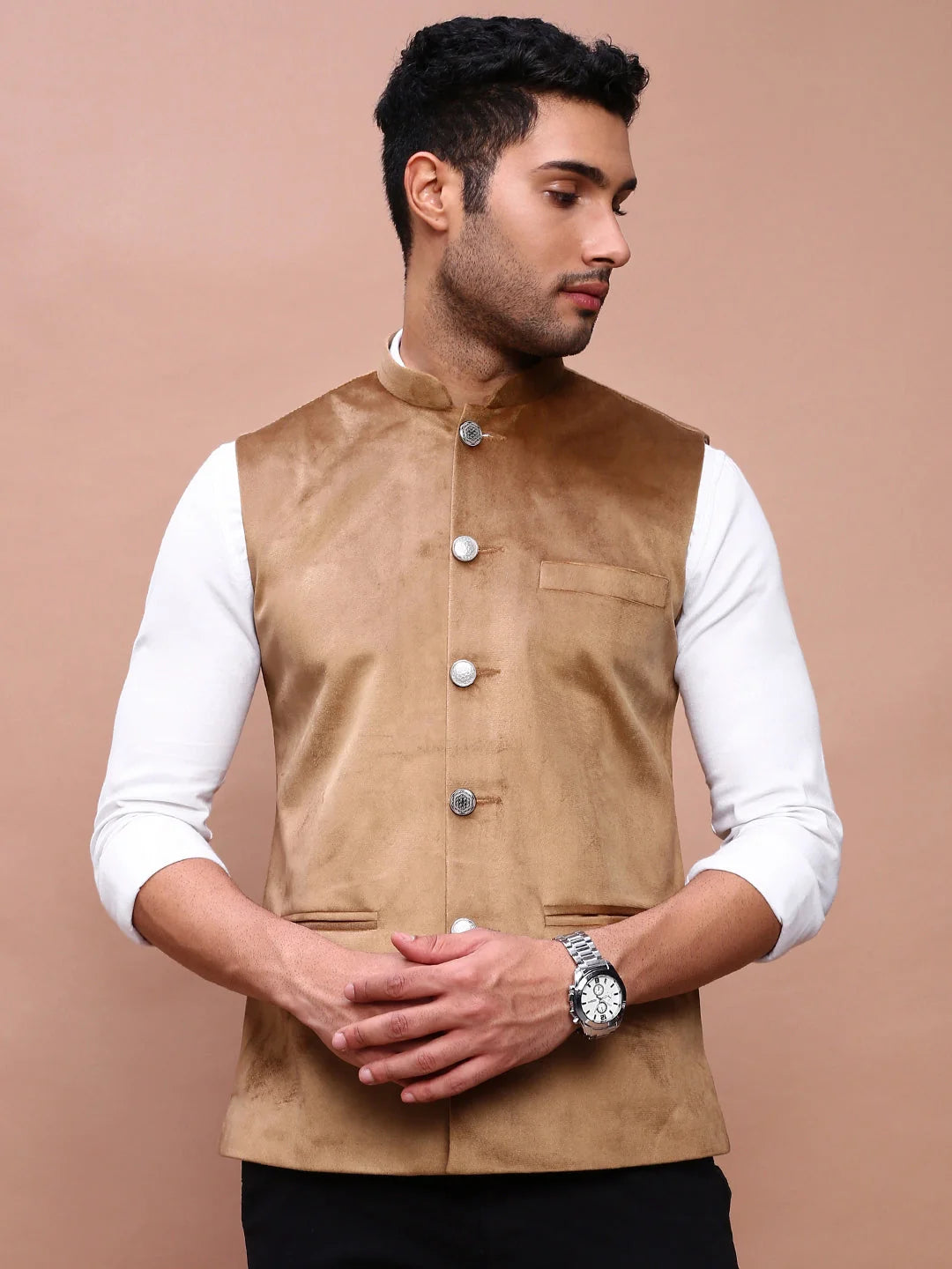 Khaki Nehru Jacket for Men - Slim Fit Mens Kurta Pajama Set
