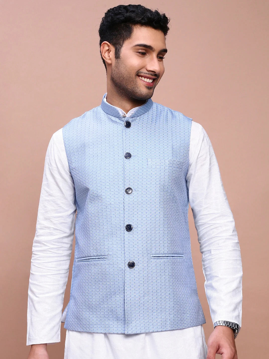 Blue Woven Nehru Jacket - Mens Kurta Pajama, Pathani Style