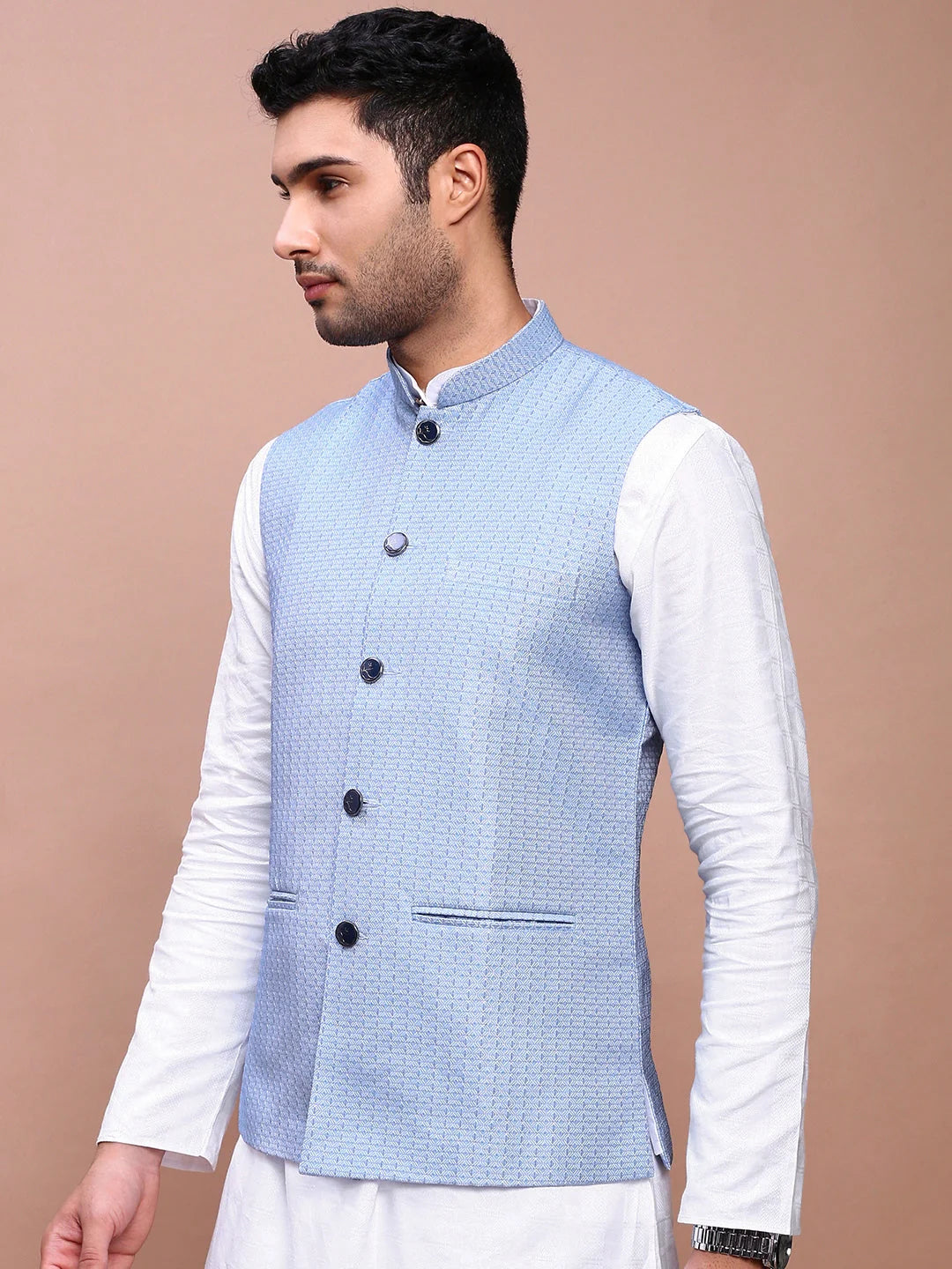 Blue Woven Nehru Jacket - Mens Kurta Pajama, Pathani Style