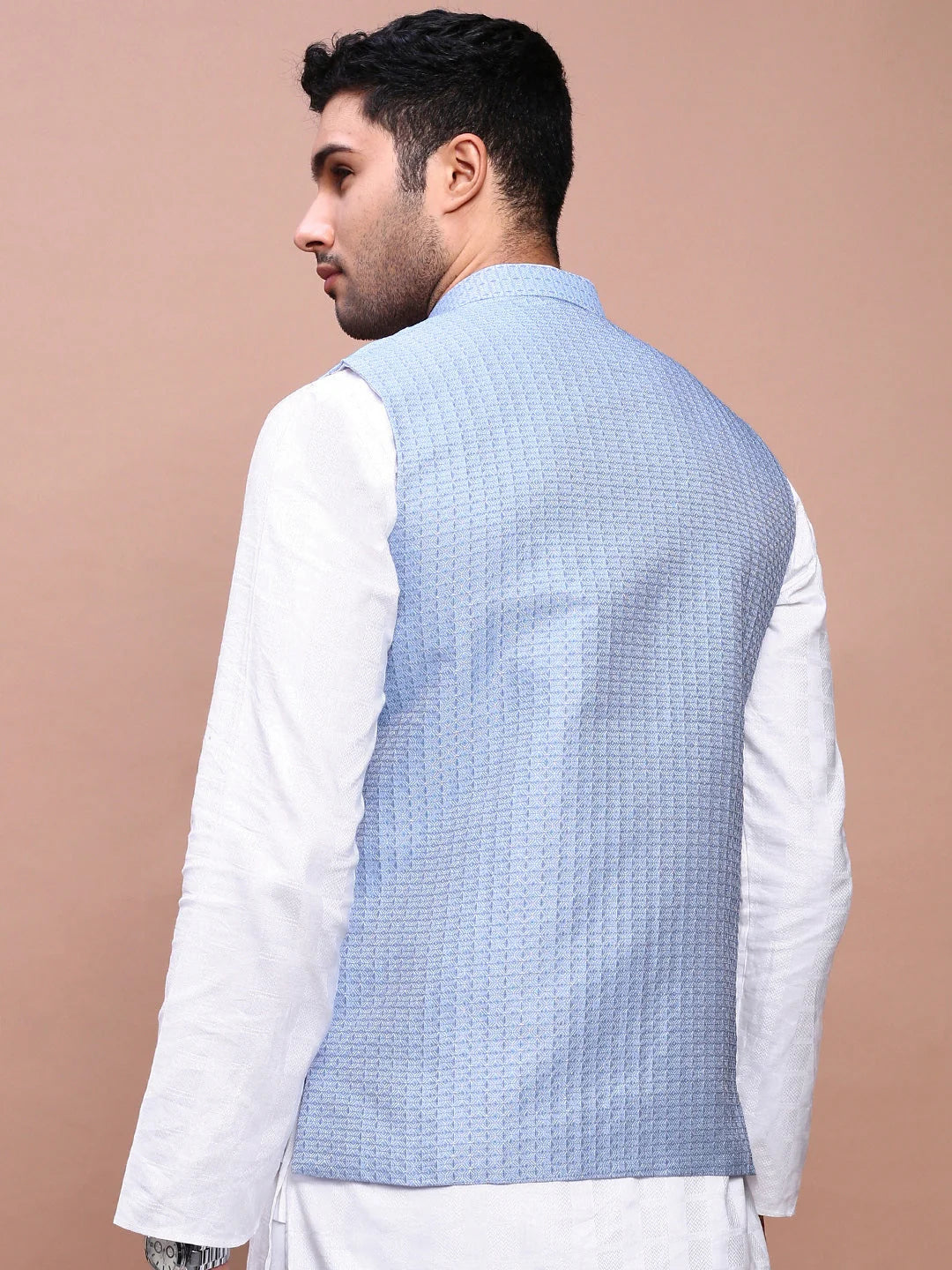 Blue Woven Nehru Jacket - Mens Kurta Pajama, Pathani Style