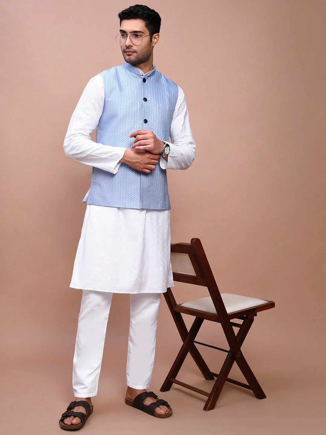 Blue Woven Nehru Jacket - Mens Kurta Pajama, Pathani Style