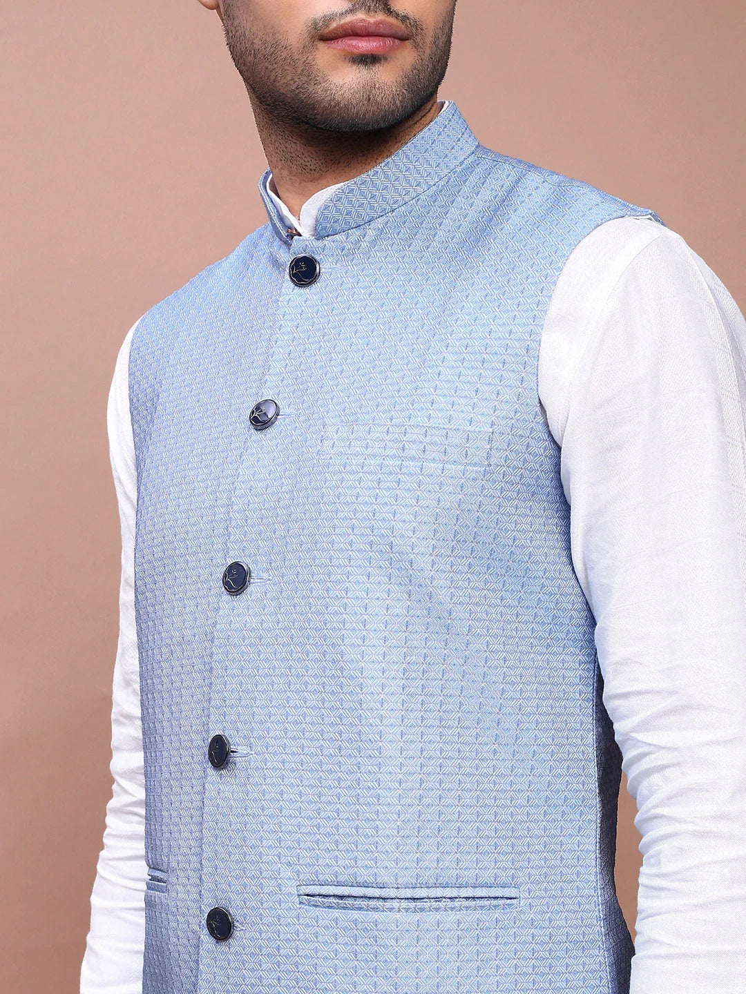 Blue Woven Nehru Jacket - Mens Kurta Pajama, Pathani Style
