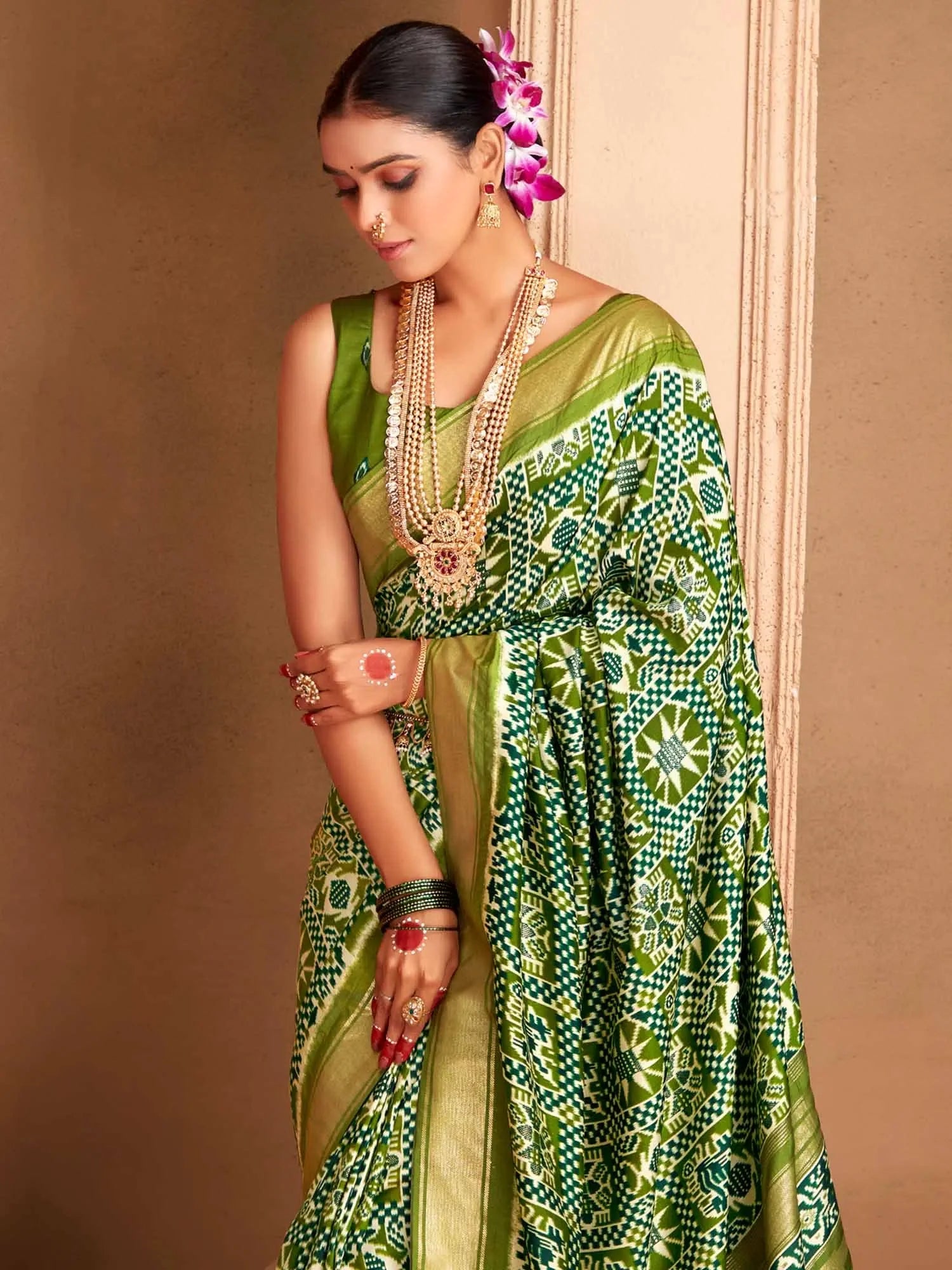Traditional Green Woven Polyester Saree with Blouse | Ethnic Indian Wear