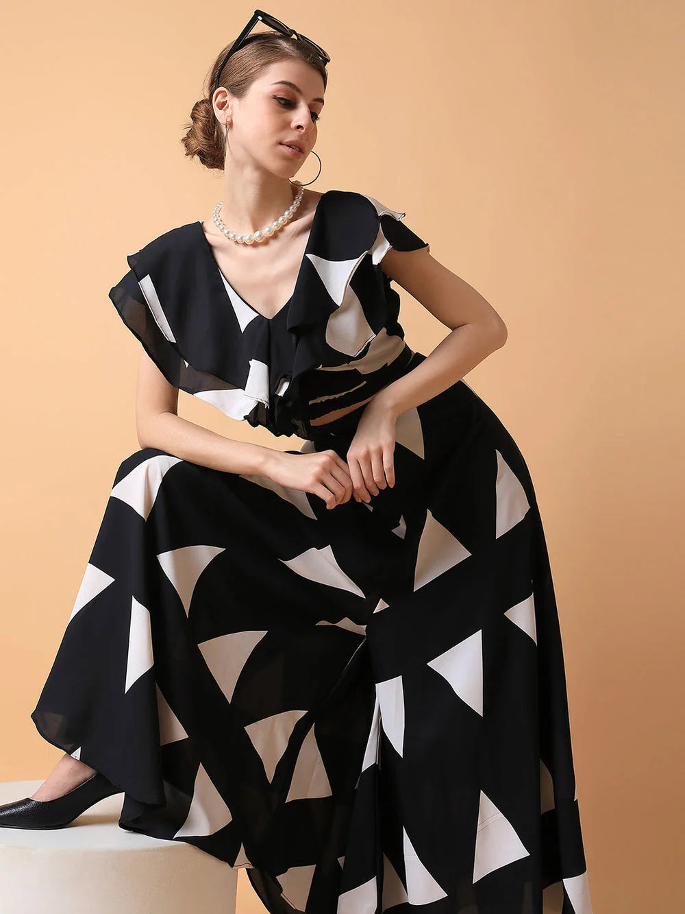 Women's Printed V Neck Co-ord Sets | Black Two Piece Sets
