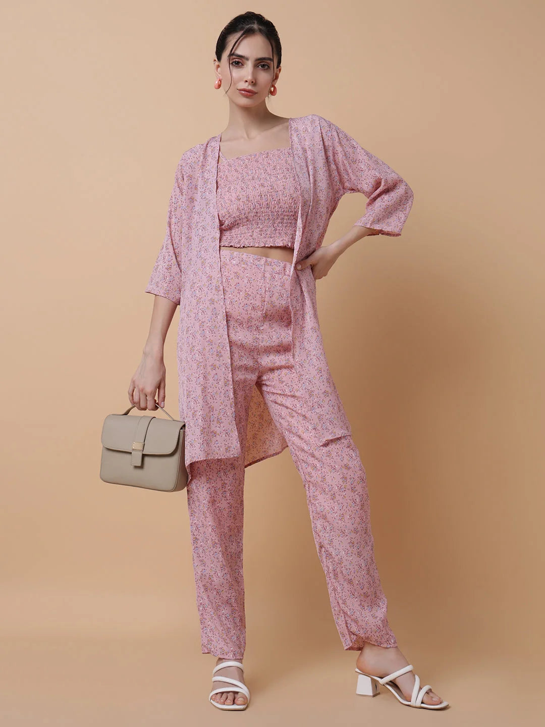 Women's Printed Pink Co Ord Set with Shrug - Polyester Blend