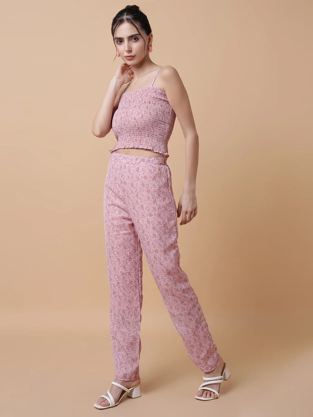 Women's Printed Pink Co Ord Set with Shrug - Polyester Blend