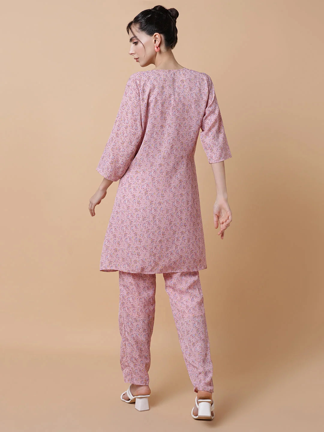 Women's Printed Pink Co Ord Set with Shrug - Polyester Blend