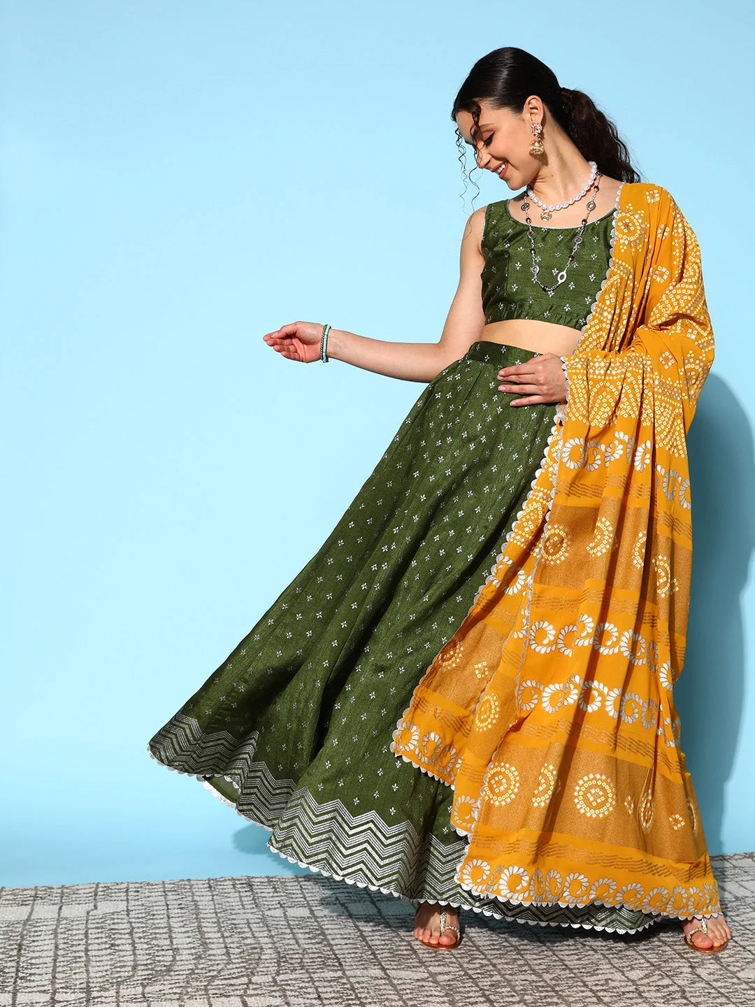 Olive Green Printed Women's Lehenga Choli | Party Wear