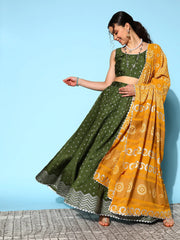 Olive Green & Silver-Toned Printed Ready to Wear Lehenga & Blouse With Dupatta-AHBLDUSK-COMBO-538-FF
