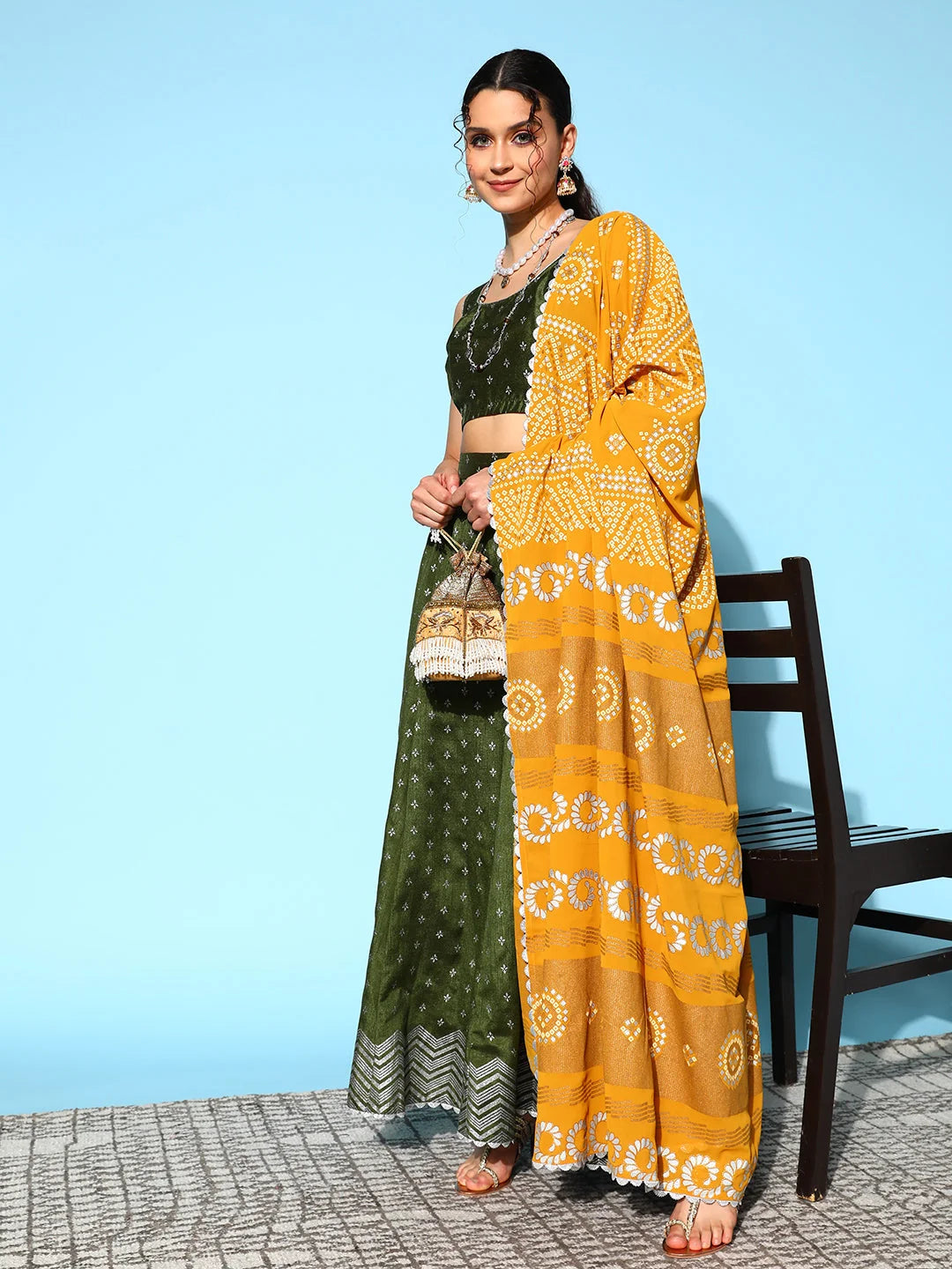 Olive Green Printed Women's Lehenga Choli | Party Wear