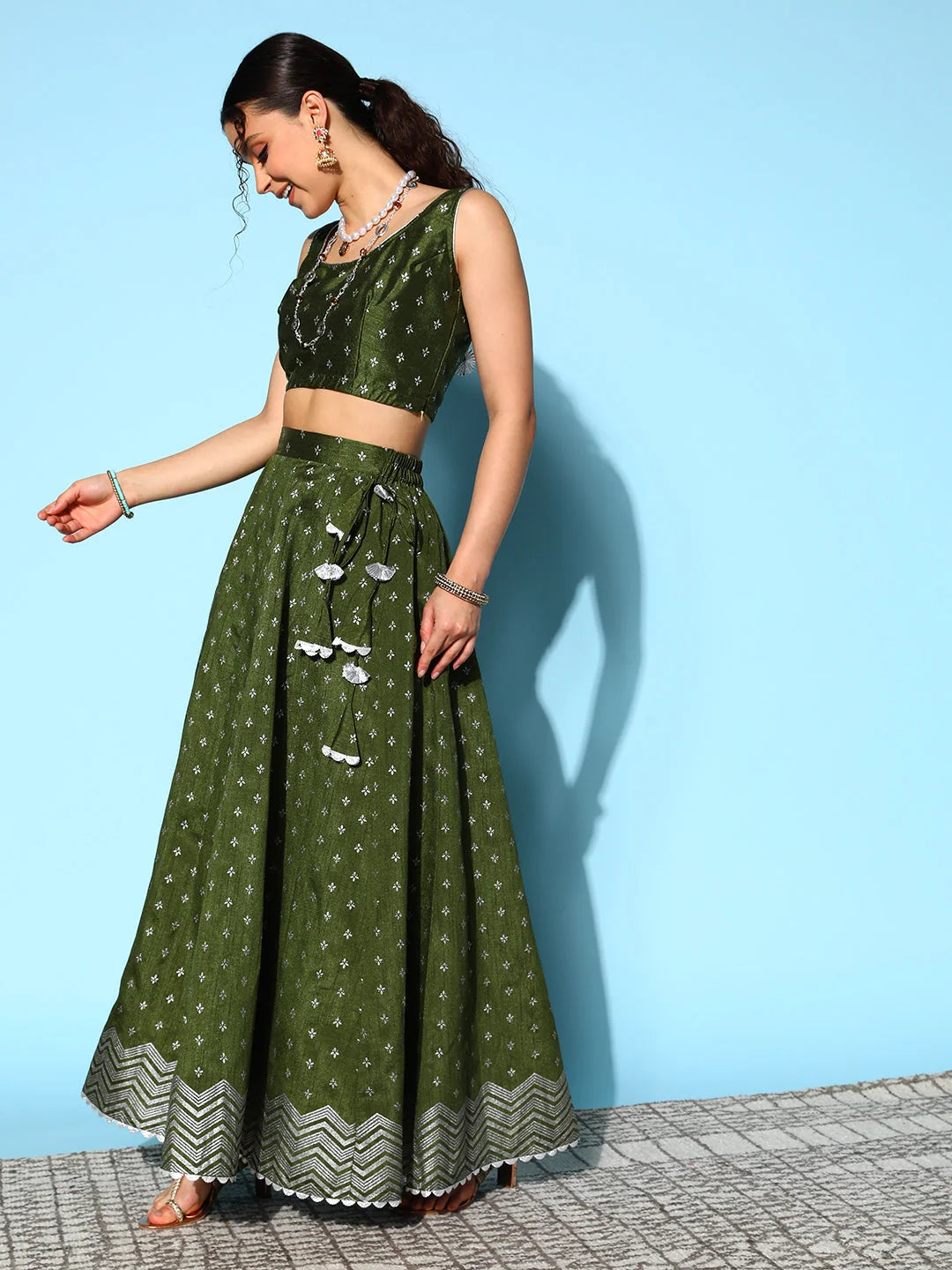 Olive Green Printed Women's Lehenga Choli | Party Wear