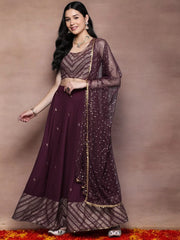 Purple & Gold-Toned Printed Sequined Ready to Wear Lehenga & Blouse With Dupatta-AHBLDUSK-COMBO-649