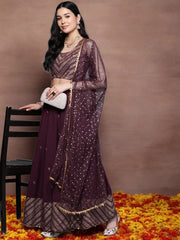 Purple & Gold-Toned Printed Sequined Ready to Wear Lehenga & Blouse With Dupatta-AHBLDUSK-COMBO-649
