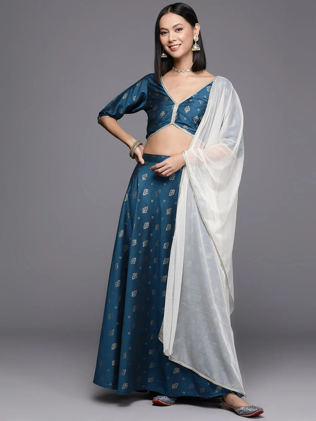 Teal Foil Print Ready to Wear Women's Lehenga Choli with Dupatta