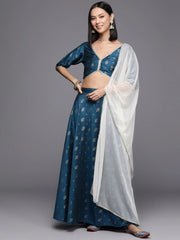 Teal Foil Print Ready to Wear Lehenga & Blouse With Dupatta-AHBLDUSK-COMBO-820