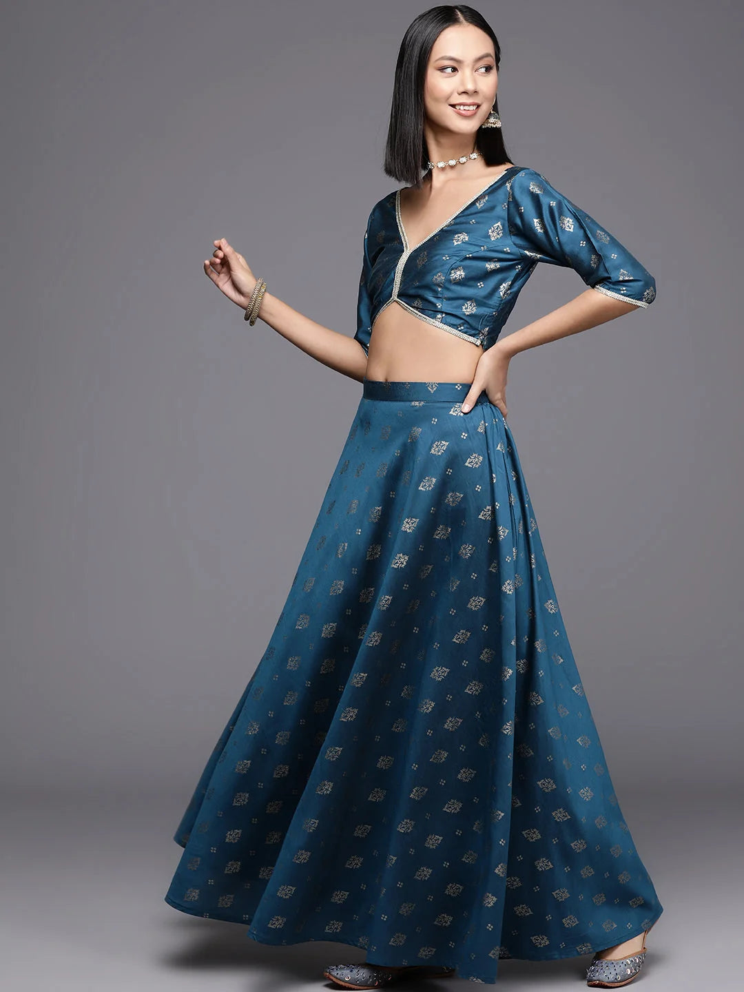 Teal Foil Print Ready to Wear Women's Lehenga Choli with Dupatta