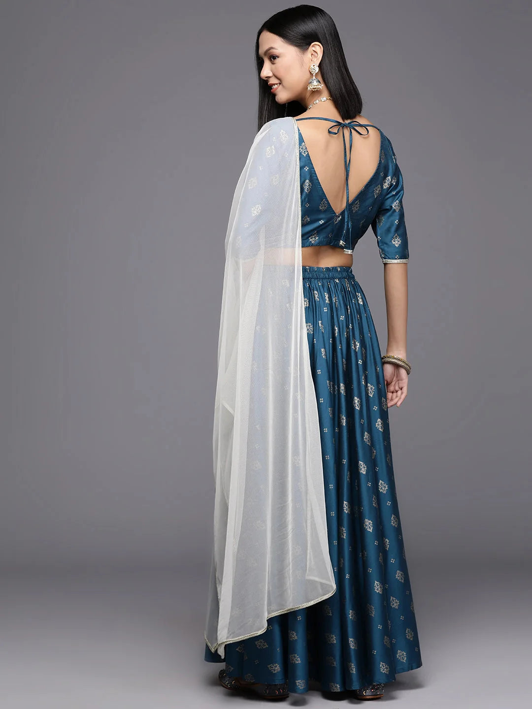 Teal Foil Print Ready to Wear Women's Lehenga Choli with Dupatta