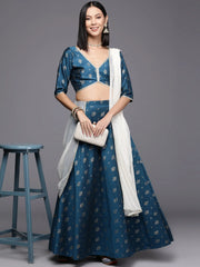 Teal Foil Print Ready to Wear Lehenga & Blouse With Dupatta-AHBLDUSK-COMBO-820