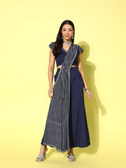 Navy Blue Striped Top with Palazzos and Dupatta-AHBLSH-COMBO-539