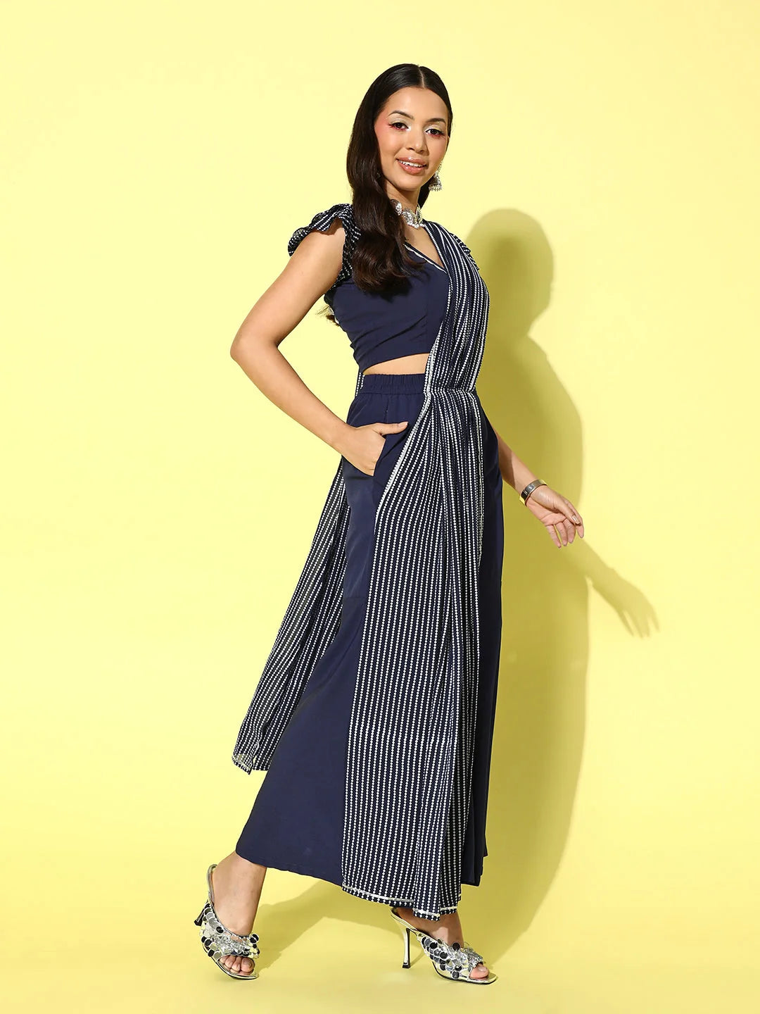 Navy Blue Striped Top and Palazzo Co-ord Set With Dupatta