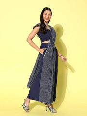 Navy Blue Striped Top with Palazzos and Dupatta-AHBLSH-COMBO-539