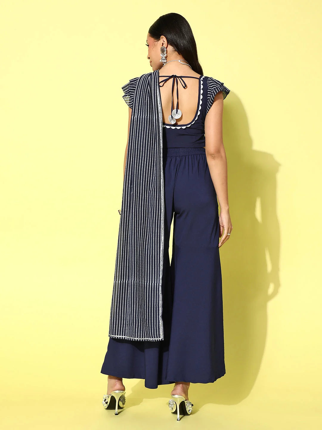 Navy Blue Striped Top and Palazzo Co-ord Set With Dupatta