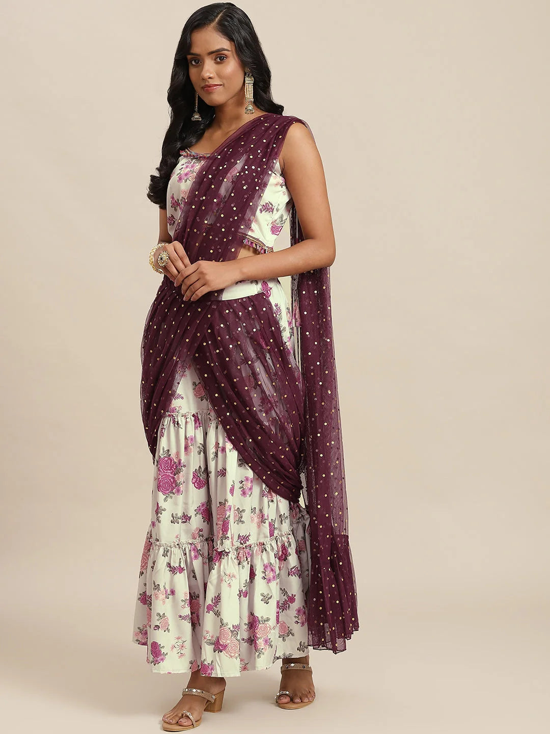 Draped Floral Co Ord Sets Women - Cream & Maroon 2 Piece Sets
