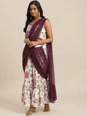 Cream & Maroon Floral Printed Draped Co-ord Sets-AHBLSH-COMBO-540-FF