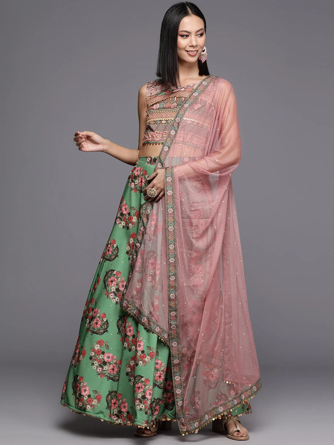 Green Floral Printed Ready to Wear Lehenga & Blouse With Dupatta-AHBLSKDU-COMBO-853