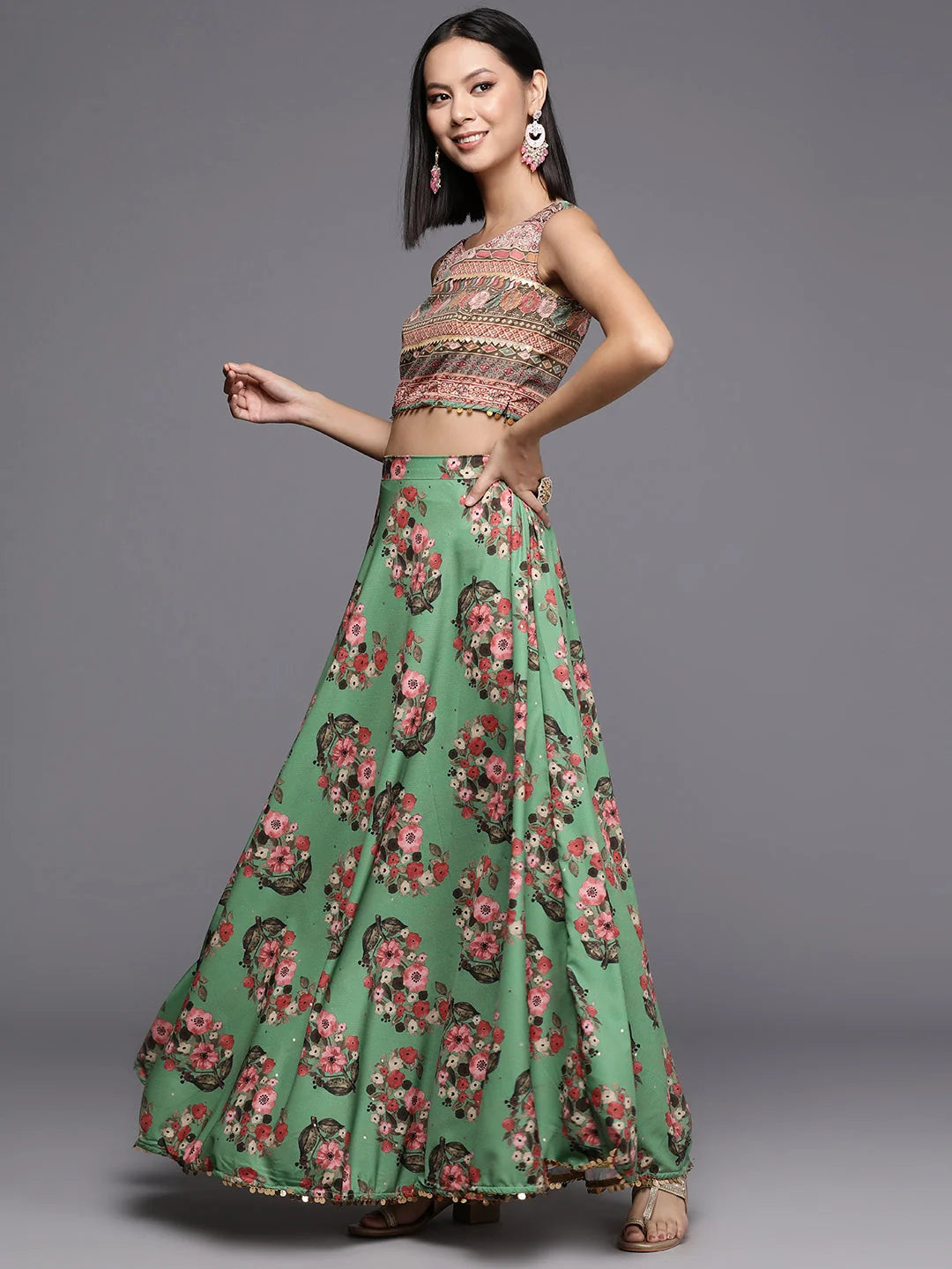 Green Floral Printed Lehenga Choli with Dupatta | Women's Lehenga