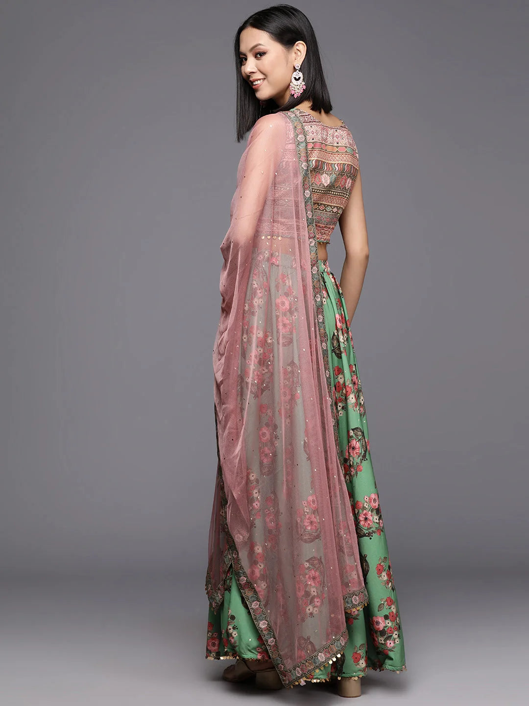 Green Floral Printed Lehenga Choli with Dupatta | Women's Lehenga