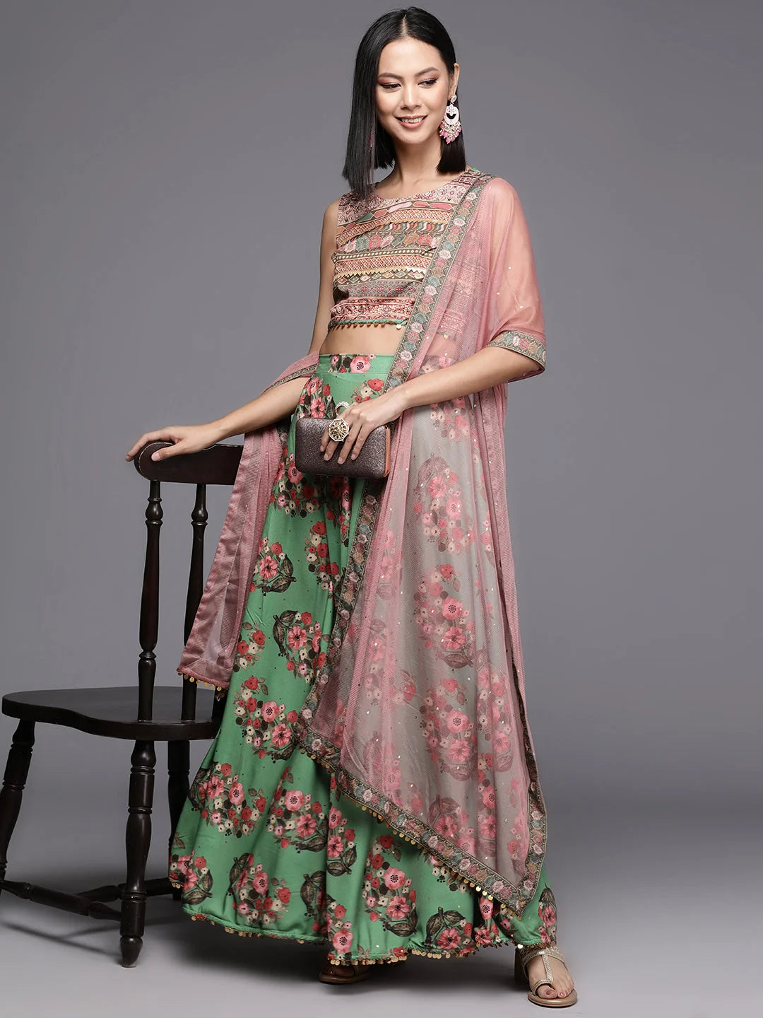 Green Floral Printed Lehenga Choli with Dupatta | Women's Lehenga