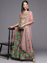 Green Floral Printed Ready to Wear Lehenga & Blouse With Dupatta-AHBLSKDU-COMBO-853
