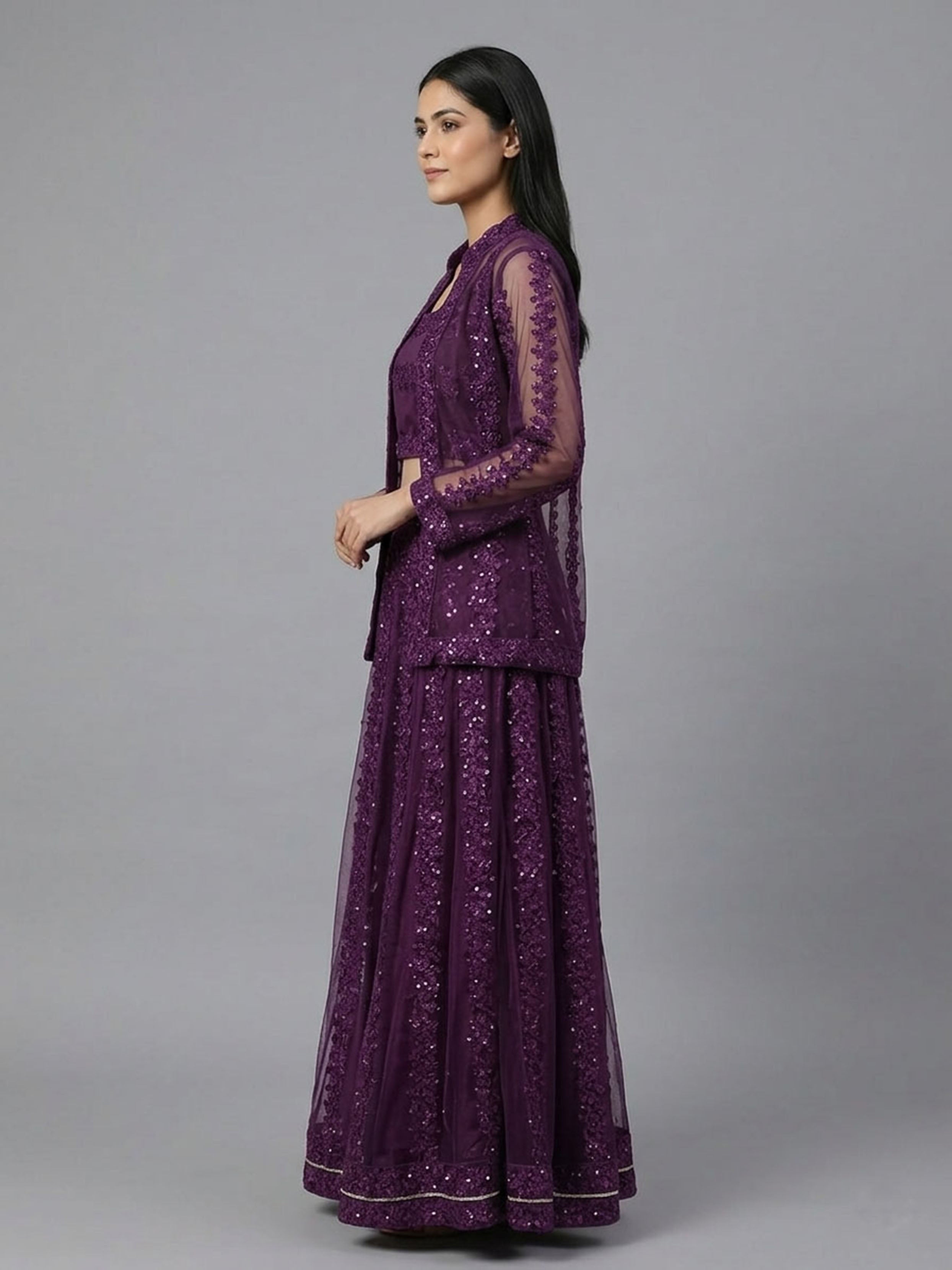 Embellished Top with Skirt & Jacket