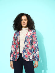 Blue & Pink Floral Print Open Front Blazer-AHBZPSDP-8118
