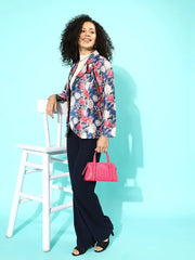 Blue & Pink Floral Print Open Front Blazer-AHBZPSDP-8118